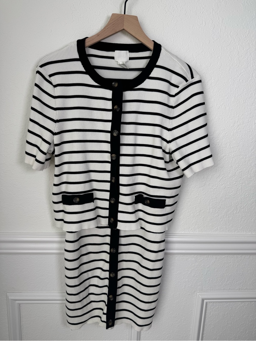H&M Black White Striped Knit Cardigan & Midi Dress Set XXL